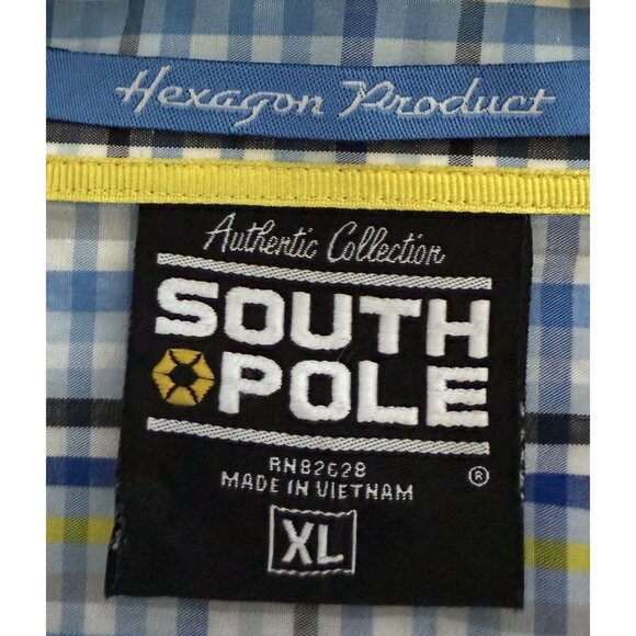 Southpole Mens XL Blue & Yellow Plaid Button-Up Short Sleeve Shirt 100% Cotton - Picture 5 of 8